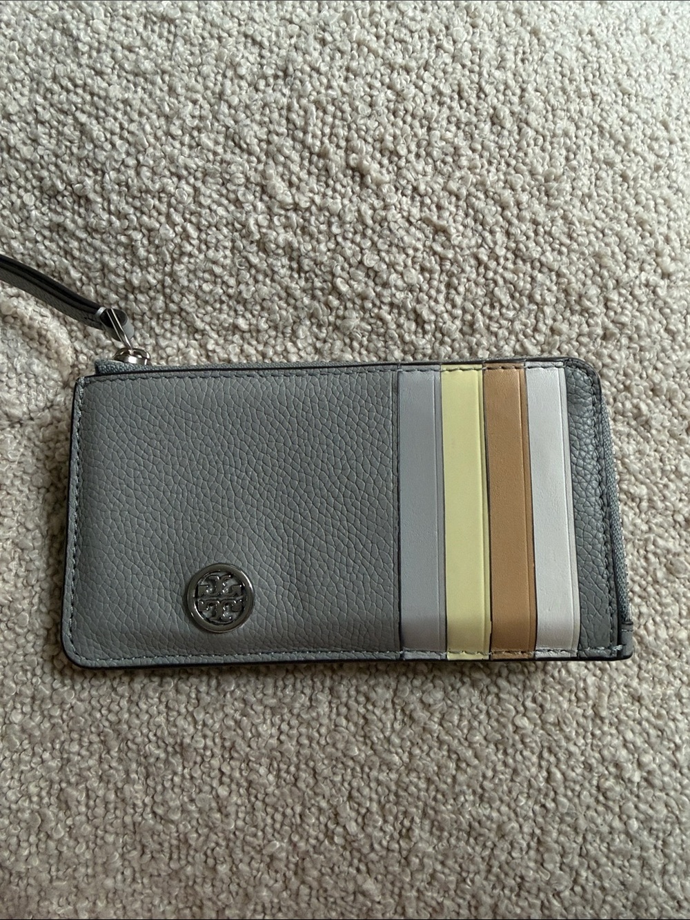 Tory Burch Gray Leather Wristlet Card Case with Yellow, Tan and Cream Stripes